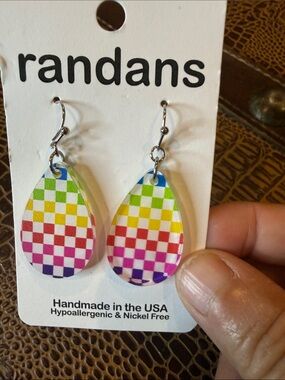 Rainbow Checkered Teardrop Earrings - Multicolor